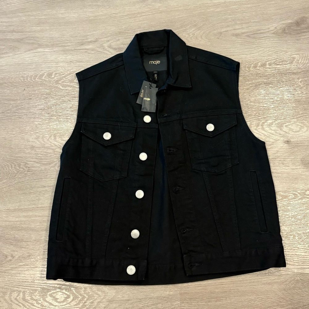 Maje Beny Black Denim Sleeveless Jean Jacket